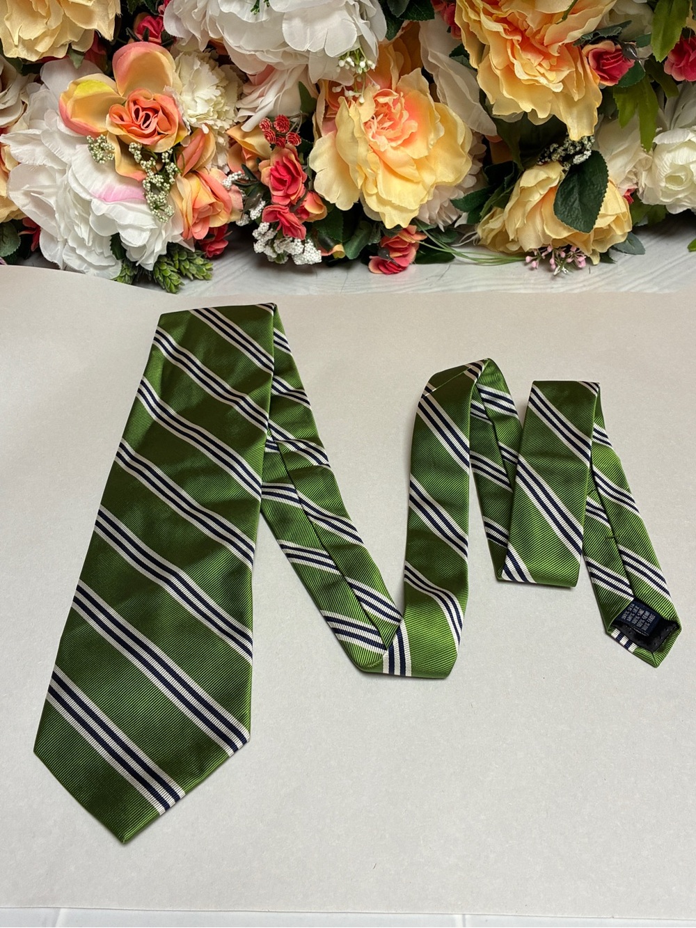 Rooster 100% Silk Repp Stripe Necktie Green Navy White Classic Preppy Menswear